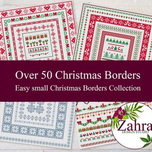 Peut inclure: Une collection de motifs de bordures de Noël numériques avec des designs style point de croix en rouge, vert et bleu, incluant cœurs, flocons, sapins et cadeaux. Le texte indique Over 50 Christmas Borders, Easy small Christmas Borders Collection et Zahra Design Studio.