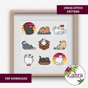 Mini Cats Cross Stitch Pattern - 9 Small Embroidery Designs (PDF Download)