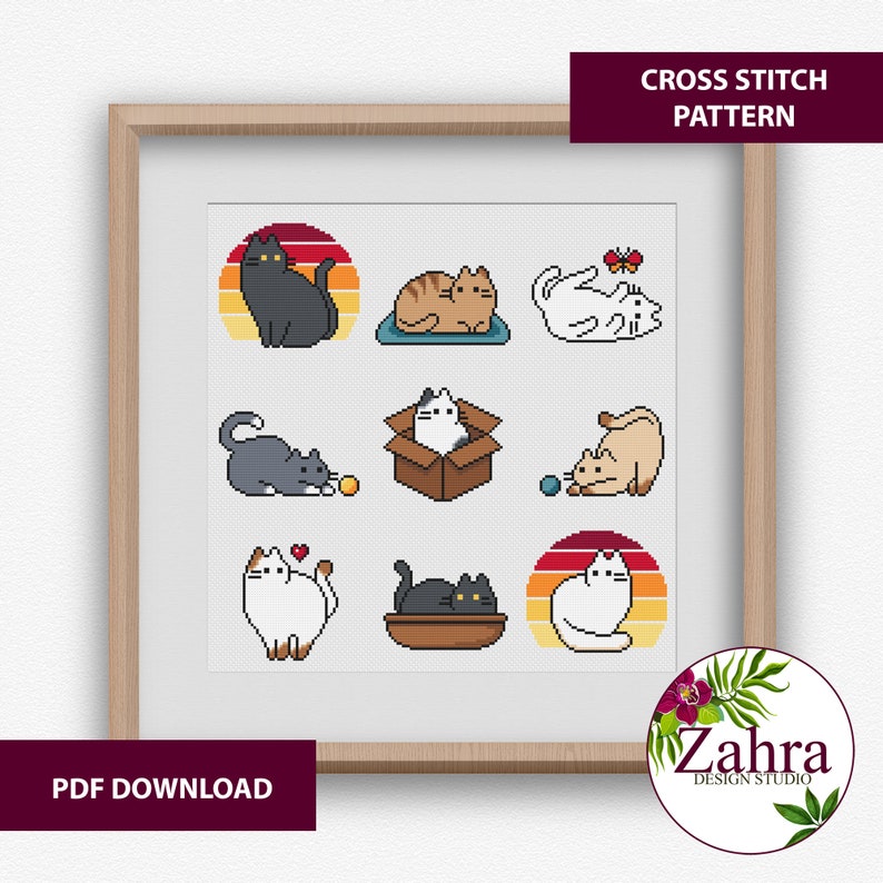 Mini Cats Cross Stitch Pattern - 9 Small Embroidery Designs (PDF Download)