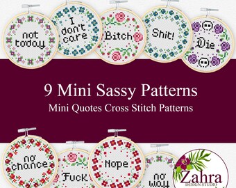 Set of 9 Sassy Mini Quotes. Mini Quotes Cross Stitch Pattern. Easy and Funny Cross Stitch Chart. PDF Instant Download