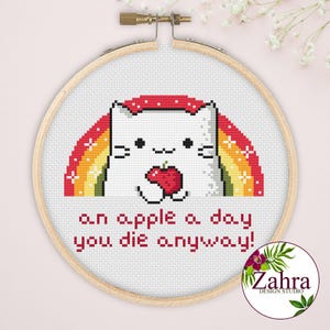 Snarky Cat Cross Stitch Pattern - An apple a day, you die anyway (PDF Download)