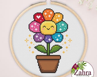Rainbow Flower Cross Stitch Pattern, LGBTQ Pride, PDF Download