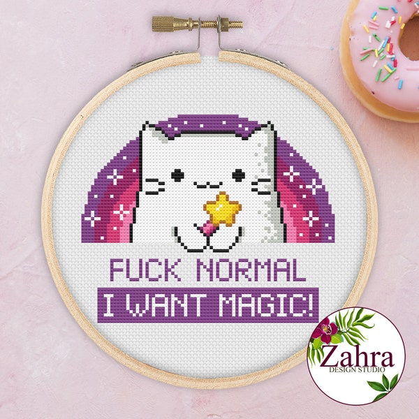Funny Cat Cross Stitch Pattern - F**k Normal, I want Magic (PDF Download)