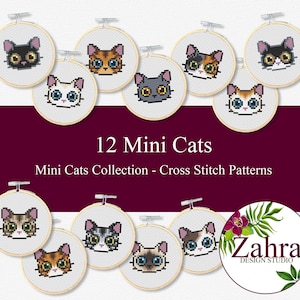 May include: Twelve circular wooden embroidery hoops containing cross-stitch patterns of various cat faces. The text reads 12 Mini Cats, Mini Cats Collection - Cross Stitch Patterns, and Zahra Design Studio with a floral logo.