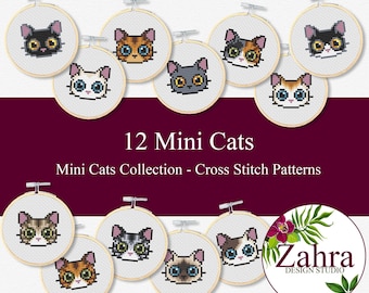 May include: Twelve circular wooden embroidery hoops containing cross-stitch patterns of various cat faces. The text reads 12 Mini Cats, Mini Cats Collection - Cross Stitch Patterns, and Zahra Design Studio with a floral logo.