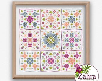 花柄クロスステッチパターン - 春のタイルサンプラー刺繍デザイン（PDFダウンロード）