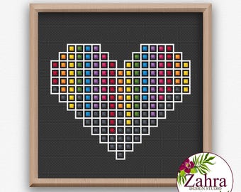 Pixel Pride Heart Cross Stitch Pattern, LGBTQ Rainbow, PDF Download
