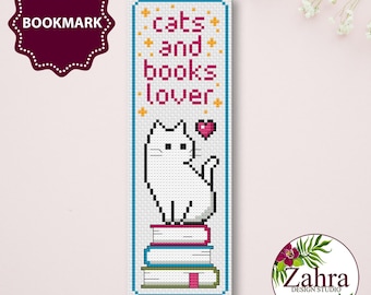 Modèle de marque-page au point de croix - Amoureux des chats et des livres (Téléchargement PDF)