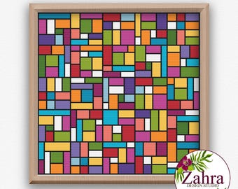 Geometric Cross Stitch Pattern, Modern Sampler, Colorful Abstract Design, PDF Download