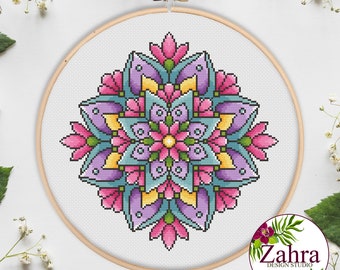 Mandala Cross Stitch Pattern. Colorful Floral Mandala Cross Stitch Chart. PDF Instant Download. Gentle Flowers #13