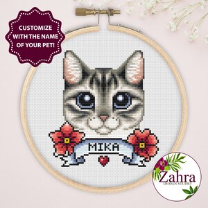 グレーのトラ猫のクロスステッチパターン。猫のクロスステッチチャート。カスタマイズ可能なクロスステッチ。PDF の即時ダウンロード