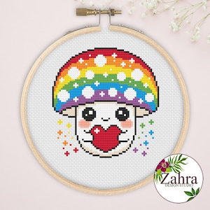 Wzór haftu krzyżykowego LGBTQ Pride – Tęczowy grzyb (do pobrania w formacie PDF)