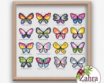 Mini Pride Butterflies Cross Stitch Pattern - LGBTQ Embroidery (PDF Download)