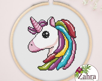 Puede incluir: Un bordado de punto de cruz de una cabeza de unicornio en un bastidor de madera redondo. El unicornio tiene cara blanca, hocico rosa, cuerno rosa y una melena multicolor con hilos rojos, amarillos, verdes, azules y morados. El ojo es negro.