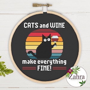 May include: Black cat with a glass of wine in a retro sunset design. The text reads "CATS and WINE make everything FINE!"