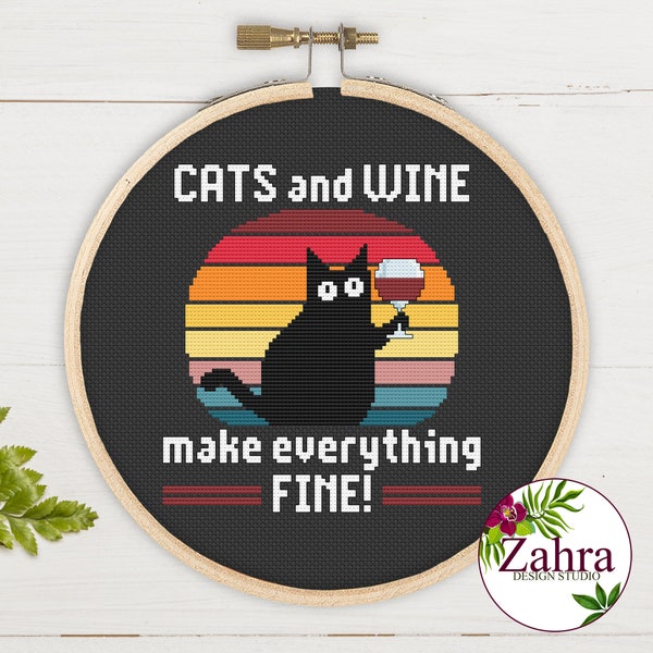 Cat and Wine make everything fine! Black Cat Cross Stitch Pattern. Funny Cross Stitch Chart. PDF Instant Download