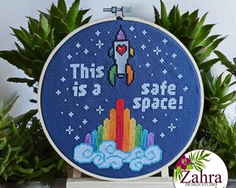 This Is a Safe Space Cross Stitch Pattern - Rainbow Embroidery (PDF Download)