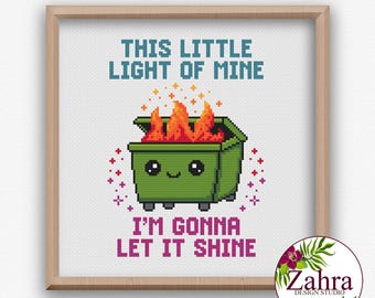 Patrón de punto de cruz divertido de un contenedor de basura en llamas: Esta pequeña luz mía (descarga en PDF)