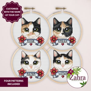 May include: Four cross-stitch patterns featuring calico cats with red flowers and a banner with the name of the cat. The names are Rose, Daisy, Aster, and Lotus. The patterns are in wooden embroidery hoops.