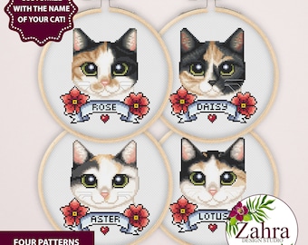 Calico Cat Cross Stitch Pattern. 4 Different Patterns Included. Customizable Cross Stitch. PDF Instant Download