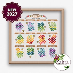 May include: A 2027 calendar cross-stitch pattern featuring twelve monthly sections with honeycomb-shaped grids. Each month is labelled with its name and decorated with small pixelated bees and flowers. The text reads 2027 and ROME-ITALY.
