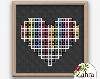 Patrón de punto de cruz Corazón Pixelado del Orgullo LGBTQ – Bordado Arcoíris (Descarga en PDF)