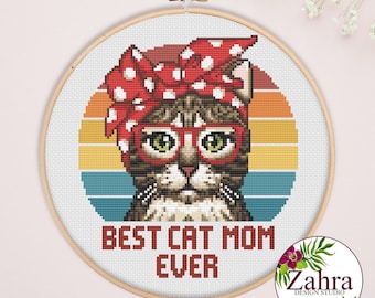 Funny Cross Stitch Pattern - Cat Mom Embroidery Design (PDF Download)