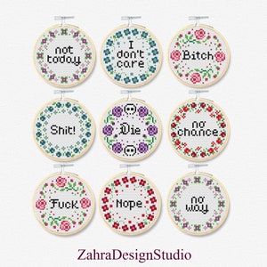 Snarky Cross Stitch Pattern - Set of 9 Mini Quotes - Embroidery Design (PDF Download)