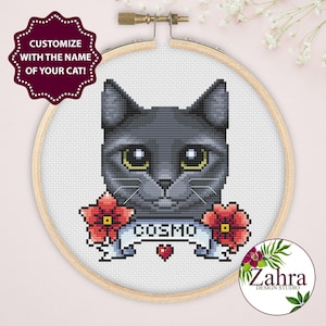 Schema punto croce gatto grigio – Ritratto di animale domestico – Disegno da ricamo (download PDF)