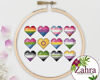 LGBTQ+ Pride Hearts! LGBTQ Cross Stitch Pattern. Pride Cross Stitch Chart. PDF Instant Download