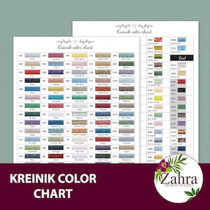 May include: A color chart for Kreinik threads, featuring over 100 different colors, organized by color family. The chart includes a variety of colors, including red, blue, green, yellow, orange, purple, pink, brown, and black. The chart also includes a variety of metallic colors, such as gold, silver, and copper.