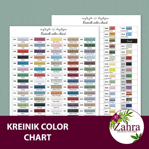 PRINTABLE Kreinik Color Chart and Inventory. Color Chart threads, with codes and names. Updated to July 2021!