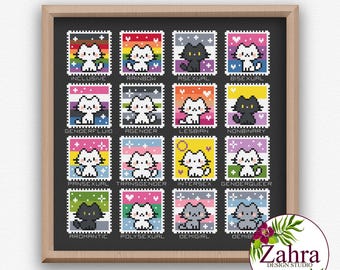 Mini Pride Cats Postage Stamps Cross Stitch Pattern, PDF Download