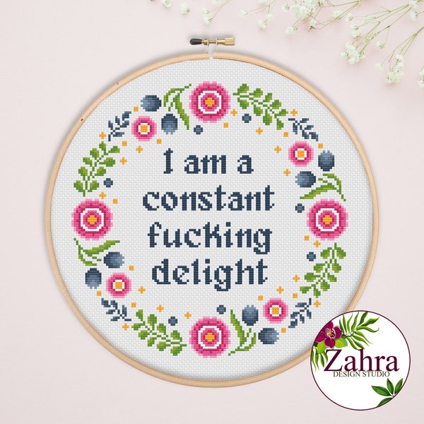 Patrón de punto de cruz "Snarky" - "Soy un deleite constante" (Descarga PDF)