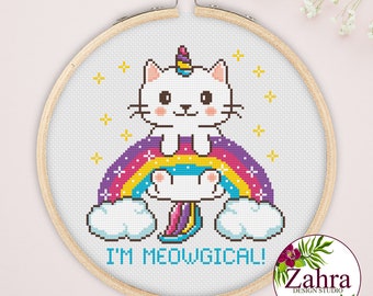 クロスステッチパターン - ユニコーンキャット - かわいい刺繍デザイン（PDFダウンロード）