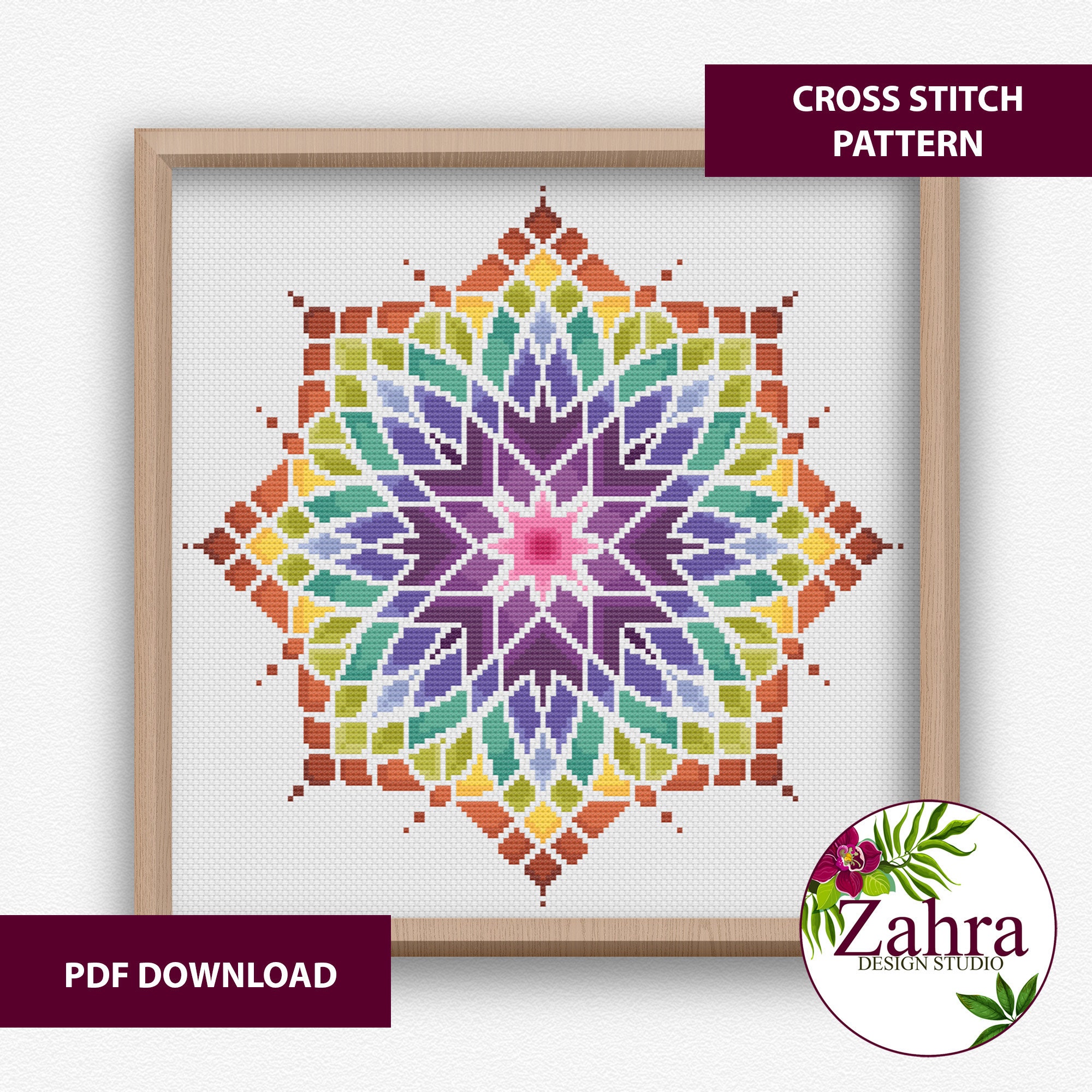 Mandala Cross Stitch Pattern. Colorful Floral Mandala Cross Stitch Chart.  PDF Instant Download. Rainbow Vibes 4 - Etsy