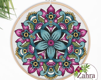 Teal and Magenta Floral Cross Stitch Pattern. Boho Embroidery Design (PDF Download)