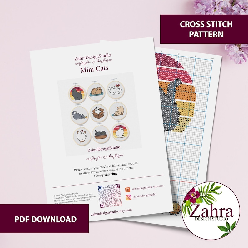 Digital cross stitch pattern with 9 mini patterns with cats