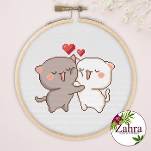 Mochi Peach Cats! Peach And Goma Cross Stitch Pattern! Cat Cross Stitch Chart. PDF Instant Download