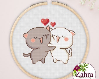 Mochi Peach And Goma Cats Cross Stitch Pattern! Valentine&#39;s Day (PDF Download)