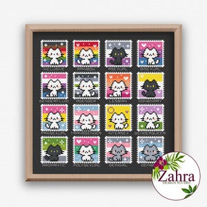 Può includere: Un ricamo a punto croce incorniciato con 16 disegni a forma di francobollo. Ognuno presenta un gatto pixelato e uno sfondo che rappresenta diverse identità. Il testo include termini come "Inclusive", "Rainbow" e "Bisexual". La cornice è in legno e il design è di Zahra Design Studio.