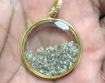 14K Gold Plated Sterling Silver Round Diamond Pendant, Crystal Quartz Shaker