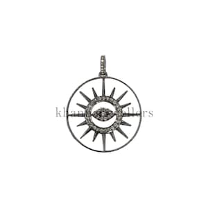 SunBurst Round Diamond Pendant, SunBurst Diamond Pendant, Round Evil Eye Pendant Necklace, Pave Diamond Jewelry, 925 Silver,
