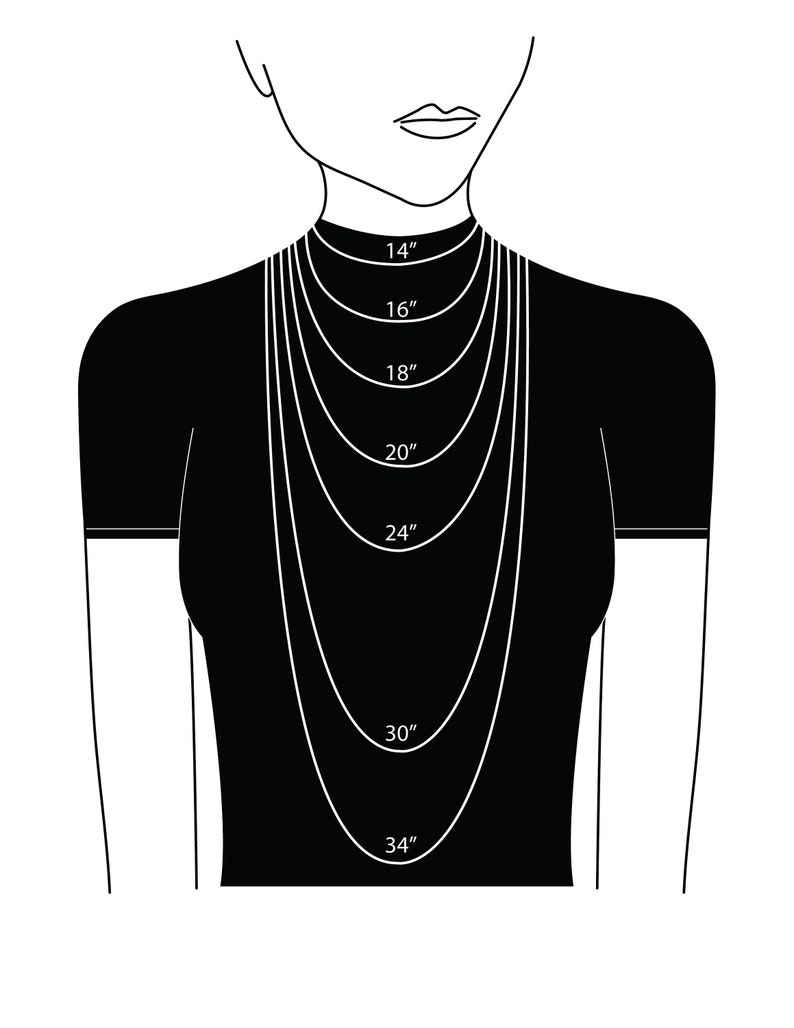 May include: A diagram showing different necklace lengths on a model. The lengths are 14 inches, 16 inches, 18 inches, 20 inches, 24 inches, 30 inches, and 34 inches.