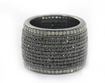 Cigar Band Pave Diamond & Black Spinel Stone Ring.Pave Cigar Band Diamond Ring.925 Sterling Silver Ring, Genuine handmade Ring.