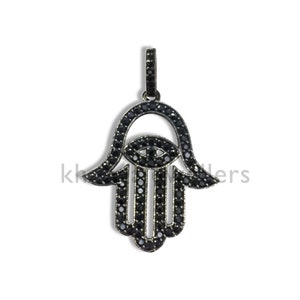 Hamsa hand 92.5 Silver Black Spinel Pendant .925 Oxidized Sterling Silver Black Spinel Pendant, Genuine handmade pave Black Spinel Pendant.k