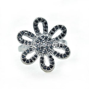 Flower 92.5 Black Spinel Ring. 925 Sterling Silver Ring, Genuine handmade Ring.tariff free delivery guarantee