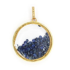Shaker Round Blue Sapphire Gold Plating Pendant .Gold Plating Silver Diamond Pendant,handmade pave diamond Pendant.