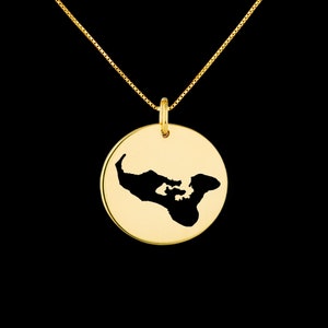 May include: A gold necklace with a round pendant featuring a silhouette of the island of Niue. The pendant is on a delicate gold chain.