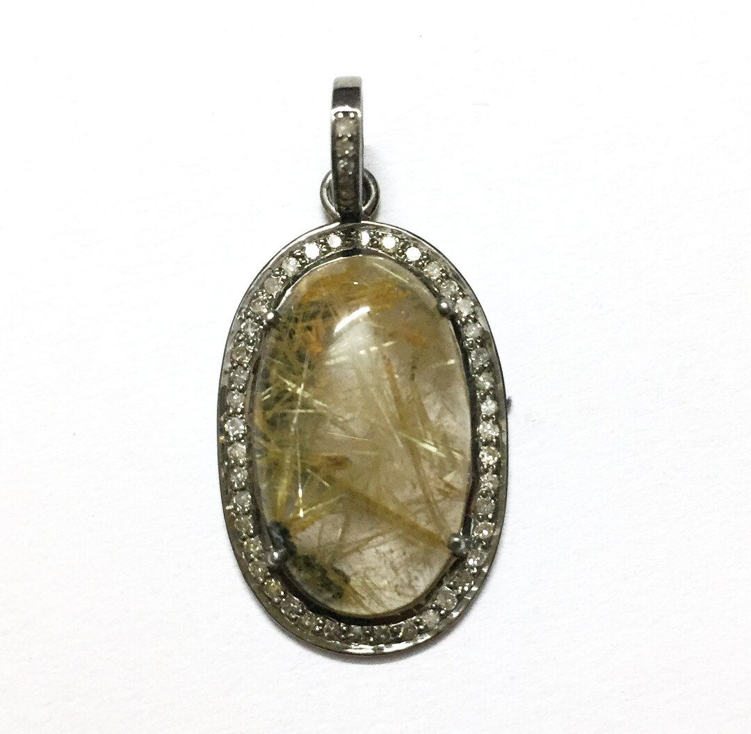 Golden Rutile Stone Diamond Pendant .925 Sterling Silver Diamond ...